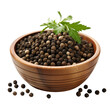 Black pepper in wooden bowl isolated on transparent background, png