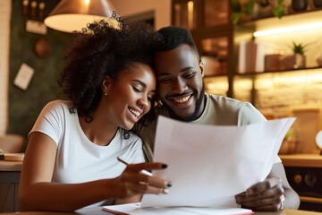 Wall Mural - Man and woman couple smiling confident reading document at home