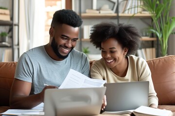 Wall Mural - Man and woman couple smiling confident reading document at home