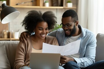 Wall Mural - Man and woman couple smiling confident reading document at home