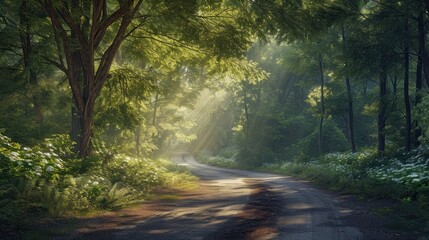 Poster -  a dirt road in the middle of a forest with sunbeams shining through the trees on either side of the road is a lush green forest with lots of trees and white flowers on both sides.