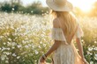 A photo of bohemian summer fashion with a breezy maxi dress and accessories, in a sunlit field of wildflowers, in a dreamy, natural light