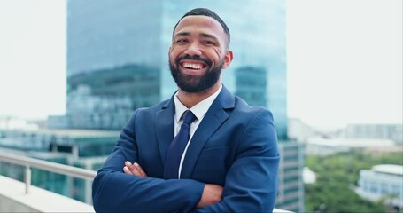 Poster - Business man, face and arms crossed, lawyer happy with career and confident on rooftop, skyscraper and pride. Expert, legal employee or attorney with smile in portrait for corporate and professional