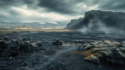 Canvas Print -  there is a mountain in the distance with a trail in the foreground and a mountain in the distance with snow on the ground and rocks in the foreground.