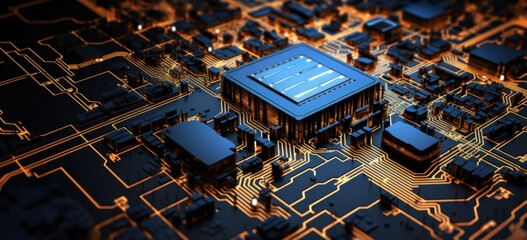 Shiny circuit board with style of luminous 3d objects, dark gold and light azure. Generate AI image