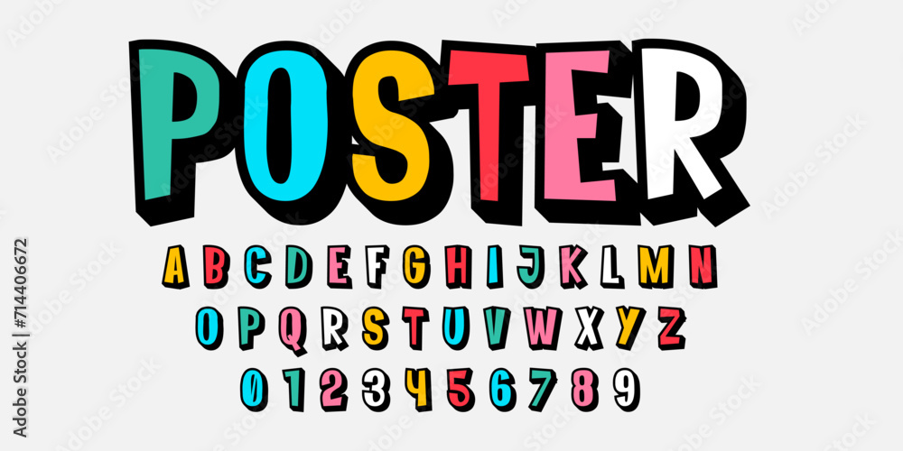 Modern playful alphabet letter and number set. Bright, vivid multicolor ...