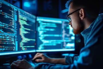 man programmer code on computer screen with cybersecurity hologram