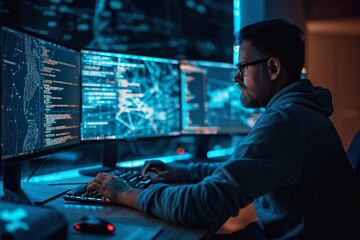 man programmer code on computer screen with cybersecurity hologram