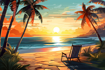 Wall Mural - Tropical Beach Sunset Graphic Illustration