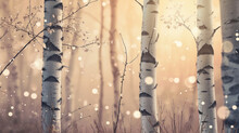  A Group Of Birch Trees In A Forest With Snow Falling On The Branches And The Sun Shining Through The Trees, With A Blurry Background Of Snow Falling On The Ground.