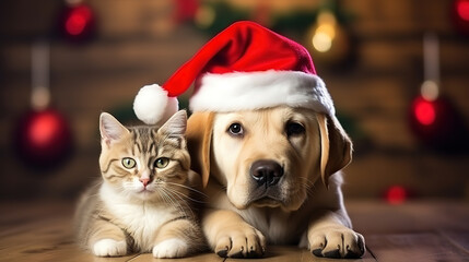 Dog wear Santa hat opening present on party table