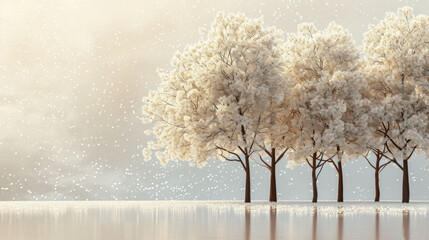 Wall Mural -  a group of trees in the middle of a body of water with snow falling from the sky and falling snow flakes on the ground and snow flakes on the ground.