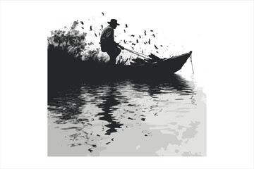 River fishing boat and fisherman, in a boat silhouette fisherman boat icon logo