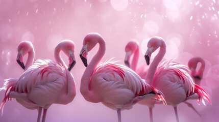 Poster -  a group of three pink flamingos standing next to each other on a pink and white background with a pink boke of light coming from the back of the flamingos.