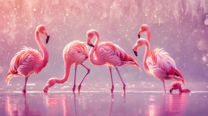 Sticker -  a group of pink flamingos standing next to each other on a body of water with snow flakes on the ground behind them and a pink sky filled with stars.