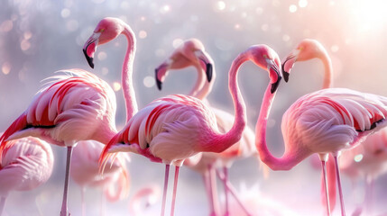 Sticker -  a group of pink flamingos standing next to each other on top of a lush green field in front of a blue sky with white and pink boket.