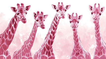 Poster -  a group of giraffes standing next to each other on a pink and white background with a pink sky in the background and a pink and white background.