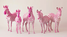  A Group Of Three Zebras Standing Next To Each Other On A White Surface With A Pink Wall Behind Them And A White Wall Behind Them With A Pink Background.