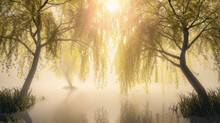  A Painting Of Two Trees In The Fog With The Sun Shining Through The Trees And The Water On The Other Side Of The Tree Is A Body Of Water With Reeds In The Foreground.