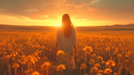 Wall Mural -  a woman standing in a field of flowers with the sun setting behind her and her long hair blowing in the wind and the sun shining through the clouds above her.