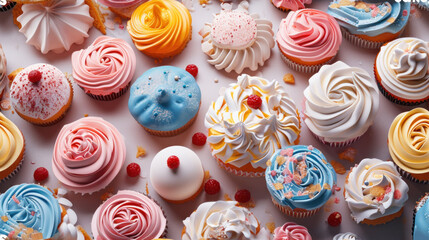 Poster -  a table topped with lots of colorful cupcakes and muffins covered in frosting and sprinkles on top of each other cupcakes.