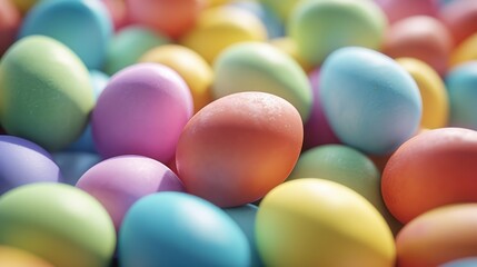 Poster -  a pile of colorful eggs sitting on top of a pile of green and yellow eggs on top of a pile of blue and yellow eggs on top of each other eggs.