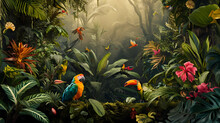 A Jungle Scene With Exotic Plants And Vibrant Birds