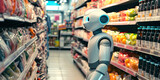 Fototapeta  - Robot customer assistant isle supermarket groceries, robots, helpful bot, cyborg helping, generated ai