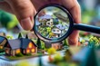 © ParinApril - Hand using a magnifying glass to inspect miniature houses