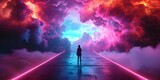 Fototapeta Fototapety kosmos - Person facing a vibrant explosion of clouds within a futuristic corridor