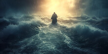 Jesus Walks On Water Across The Sea During A Storm. Biblical Theme Concept. Generative Ai