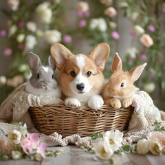 Poster - Happy EasteHoliday concept. Cute happy Corgi puppy dog wearing easter bunny year costume in easter basket with rabbit, flower garden background. Spring festive season greeting card banner wallpaper.