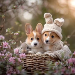 Poster - Happy Easter Holiday concept. Cute happy Corgi puppy dog wearing easter bunny year costume in easter basket with rabbit, flower garden background. Spring festive season greeting card banner wallpaper.