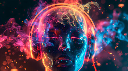 Vivid neon 3d digital art of a human head wearing headphones and listening to music