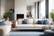 © Basileus - Scandinavian Interior home design of modern living room with white sofa with blue pillows in room with fireplace near window