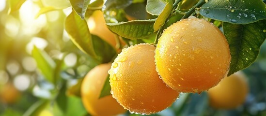 Sticker - Ripe yellow grapefruit on citrus orchard tree branch.