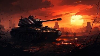 Wall Mural - Armored vehicle tank artillery in combat on the battlefront, displaying military firepower. World war illustration