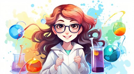 Cartoon illustration design of a cute girl wearing a coat in a chemistry laboratory, with experimental glassware.	
