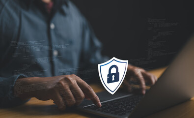 Fototapete - cybersecurity concept Global network security technology, business people protect personal information. Encryption with a key icon on the virtual interface.