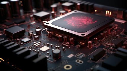 Illustration of a computer processor chip, AI artificial intelligence automatic technology, on a personal computer motherboard. The sophistication of future technology background wallpaper.