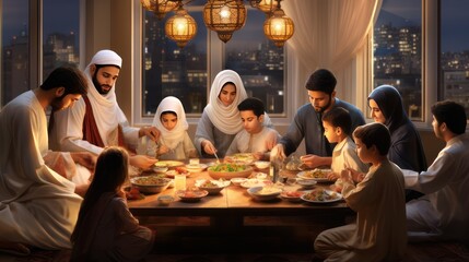 Wall Mural - Illustration of a family gathering on the Muslim Eid al-Fitr holiday, they eat together with joy, background illustration of the month of Ramadan Kareem.