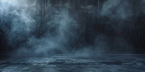 Wall Mural - blue dark abstract light in night background setting empty scene with smog old black fog under spotl