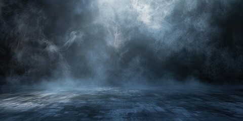 Wall Mural - blue dark abstract light in night background setting empty scene with smog old black fog under spotl