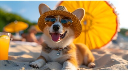 Wall Mural - Beautiful dog on beach, cute corgi puppy wearing yellow sunglasses on sand with cocktail. Pet animal dressed in costume on summer vacation holiday. Happy travel concept.