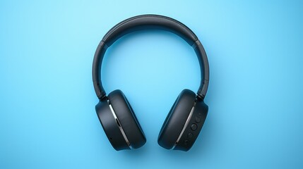 Top view of headphones on blue background with copy space. Flat lay.