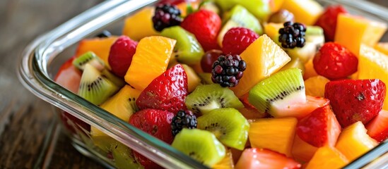 Poster - Fruit mixture served in a glass container.