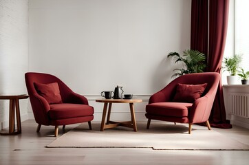 Wall Mural - interior of modern living room with red armchairs and coffee table