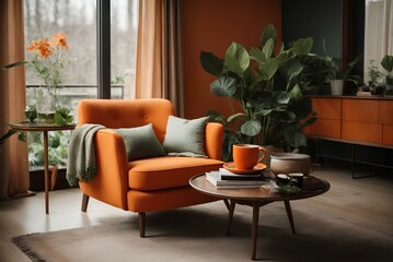 Wall Mural - living room interior with orange armchair, coffee table, coffee cup and plants