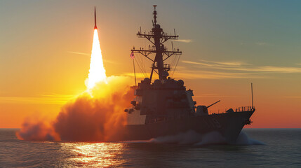 Canvas Print - The warship is firing missiles at the target.