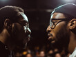 Two black men engaged in a rap battle under a spotlight, capturing the intensity of hip hop culture and lyrical competition.